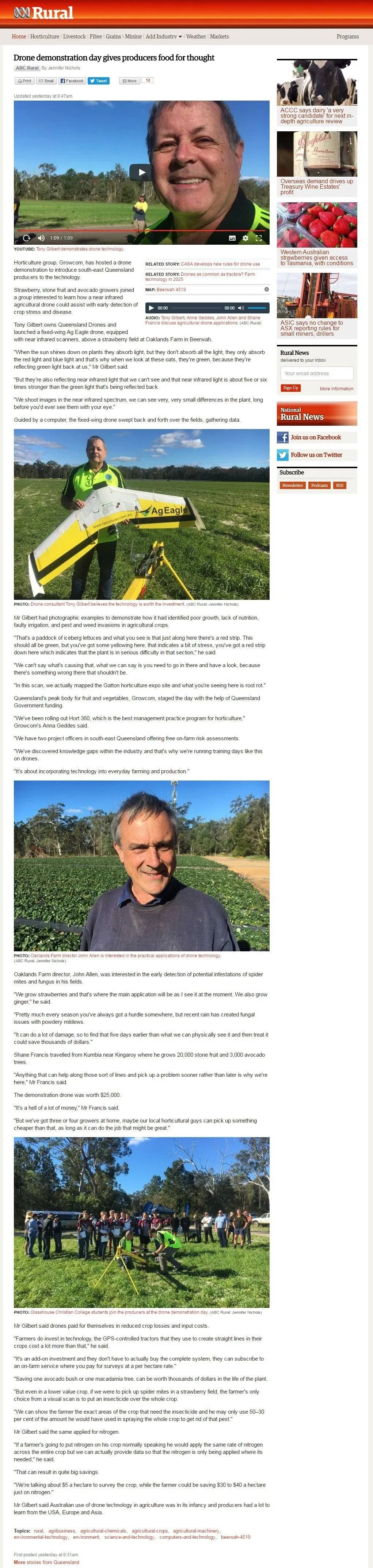 ABC Rural post about Beerwah strawberry UAV demonstration
