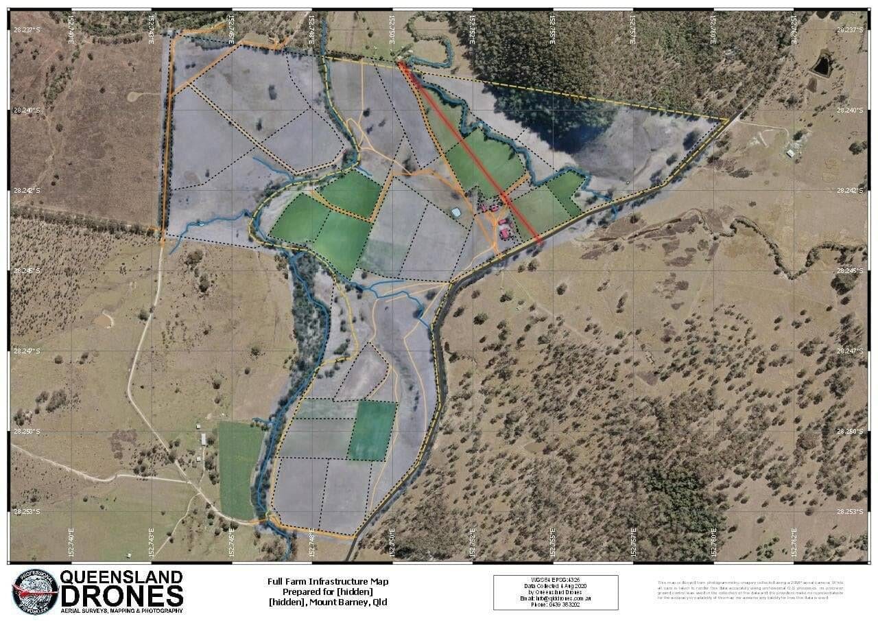 Development Site Contour Mapping 3 An A0 wall map of elevation contour mapping and farm infrastructure overlaid on an orthomosaic image